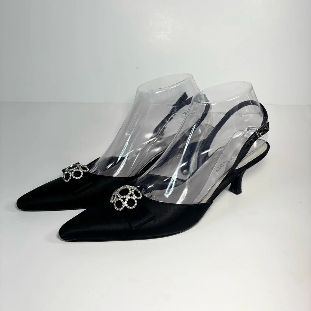 Karen Scott Pointed Toe Black Satin Sling back Kitten Heels‎ Bow Rhinestones 7.5